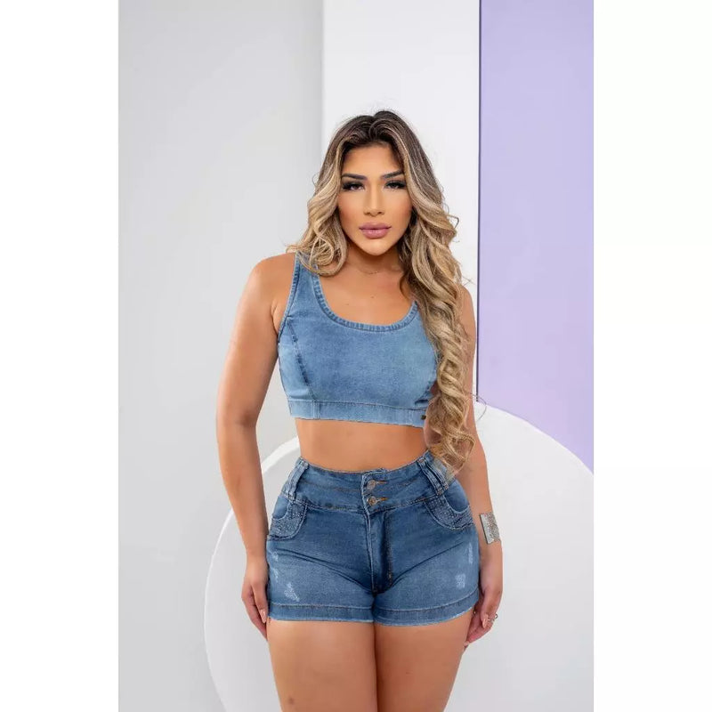 Short Jeans Feminino Com Lycra, Cintura Alta, Empina Bumbum, De Brilho No Bolso, Revesst Jeans.