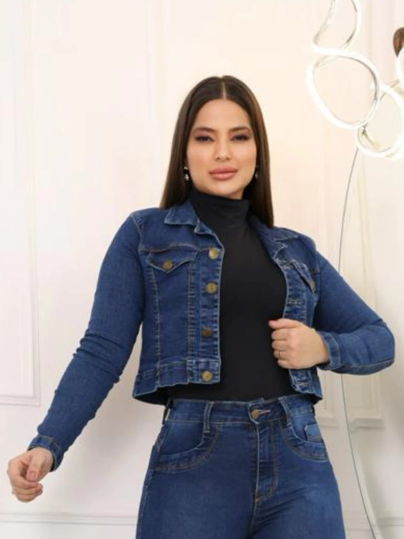 Jaqueta Jeans Escuro Feminina  de Botão Exclusiva