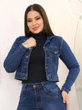 Jaqueta Jeans Escuro Feminina  de Botão Exclusiva