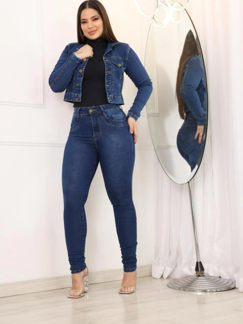 Jaqueta Jeans Escuro Feminina  de Botão Exclusiva