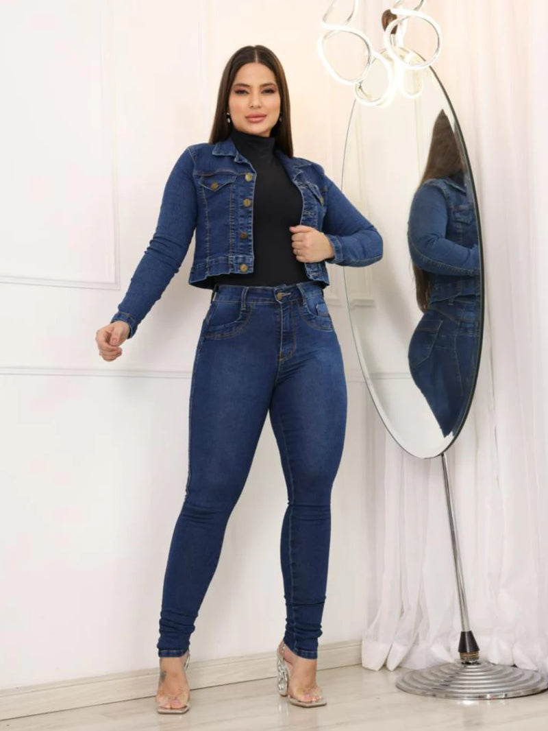 Jaqueta Jeans Escuro Feminina  de Botão Exclusiva