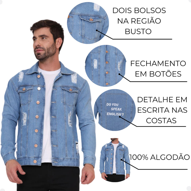 jaqueta jeans masculina clara com detalhes