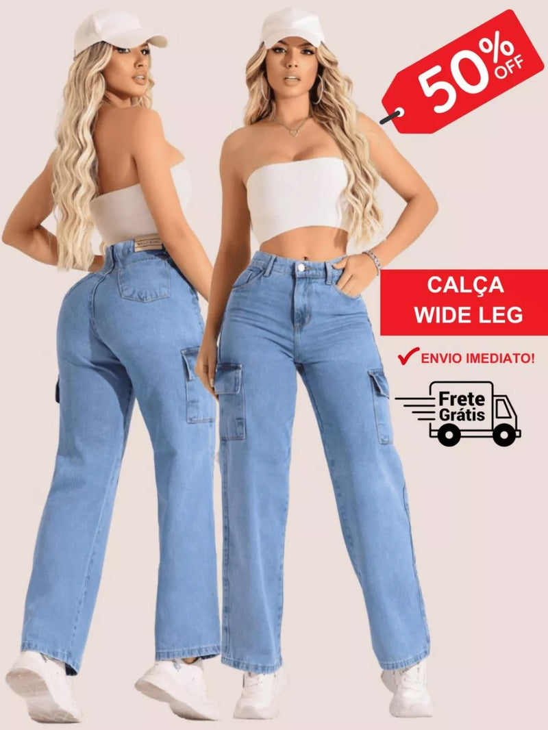 Calça Wide Leg Feminina Cargo Pantalona – 100% Algodão Cintura Alta Levanta Bumbum