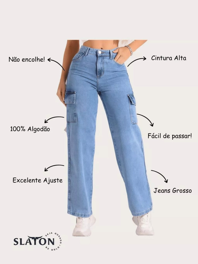 Calça Wide Leg Feminina Cargo Pantalona – 100% Algodão Cintura Alta Levanta Bumbum