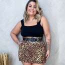 Conjunto Feminino Plus Size Blusa Cropped + Short Saia com Cinto - Conjuntinho Plus Moda Feminina.