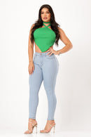 Calça Jeans Skinny Modeladora Levanta Bumbum Azul Claro Cintura Alta