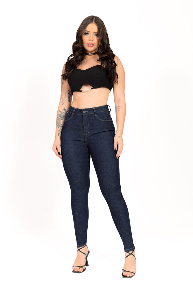 Calça Jeans Azul Marinho Skinny Modeladora Levanta Bumbum de Cintura Alta