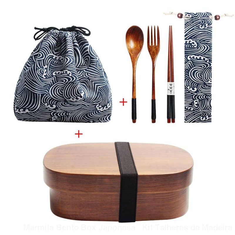 Marmita Bento Box Japonesa + Kit Talheres de Madeira
