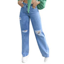 MANAL JEANS Wide Leg Pantalone Jeans with Rip at the Knee High Waist Marbled REF008