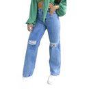 MANAL JEANS Wide Leg Pantalone Jeans with Rip at the Knee High Waist Marbled REF008