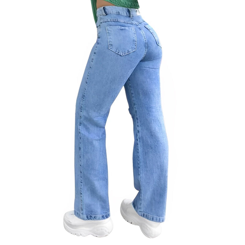MANAL JEANS Wide Leg Pantalone Jeans with Rip at the Knee High Waist Marbled REF008
