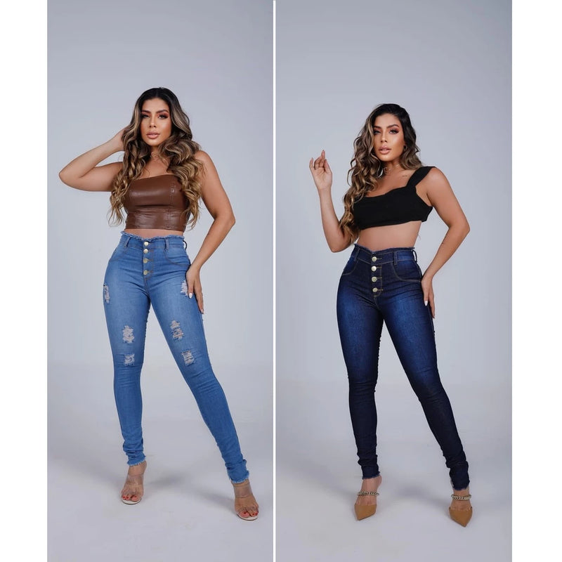 Kit 2 Pieces Women's Skinny High Waist Jeans With Lycra Empina Bumbum