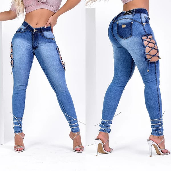Women's Jeans with Side Opening, Laced Detail, High Waist