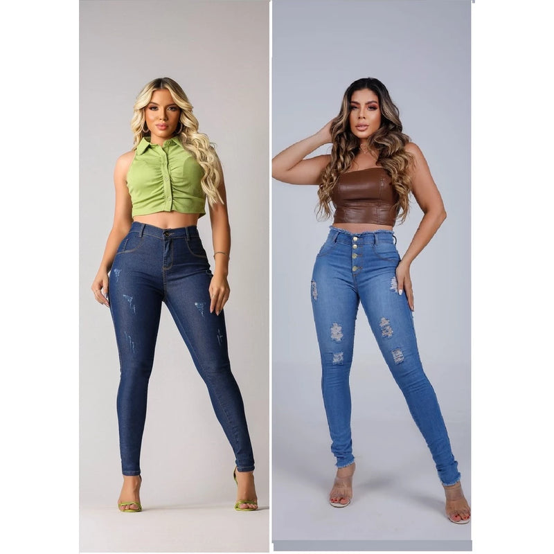 Kit 2 Pieces Women's Skinny High Waist Jeans With Lycra Empina Bumbum