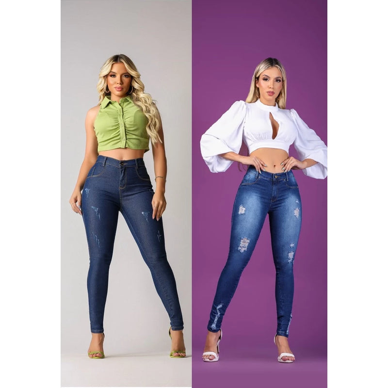 Kit 2 Pieces Women's Skinny High Waist Jeans With Lycra Empina Bumbum
