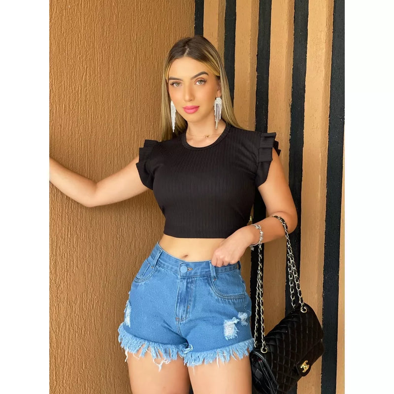 Women's Cropped Short Sleeve Ribbed Blouse High Neck S M L