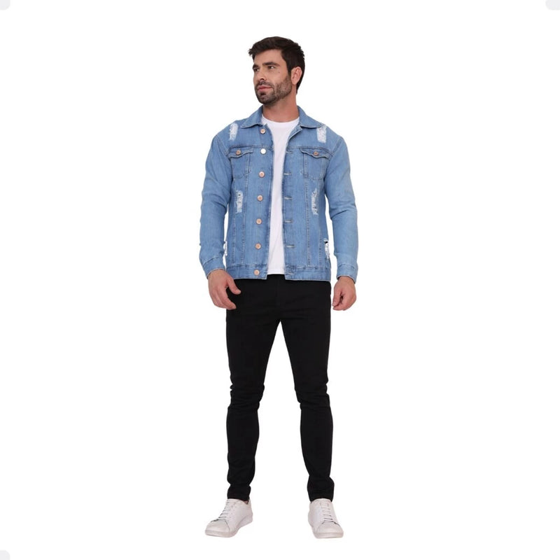 jaqueta jeans masculina clara com detalhes